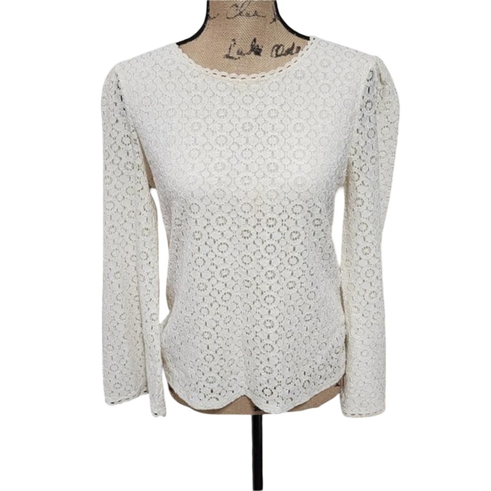 Banana Republic Ivory Floral Lace Long Sleeve Scallop Blouse Top Small